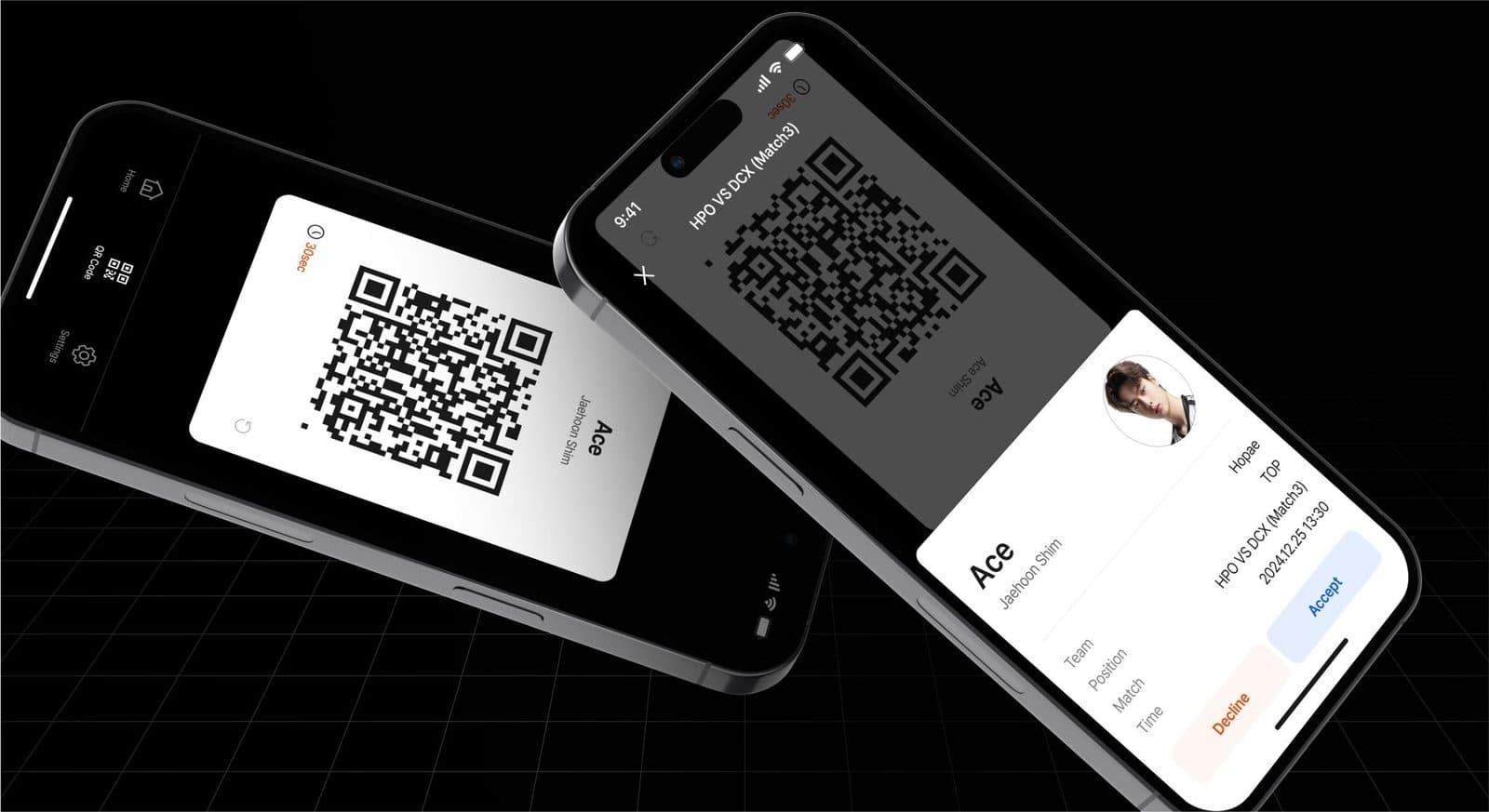 Two phones showing the PlayID check-in flow with a verified player card