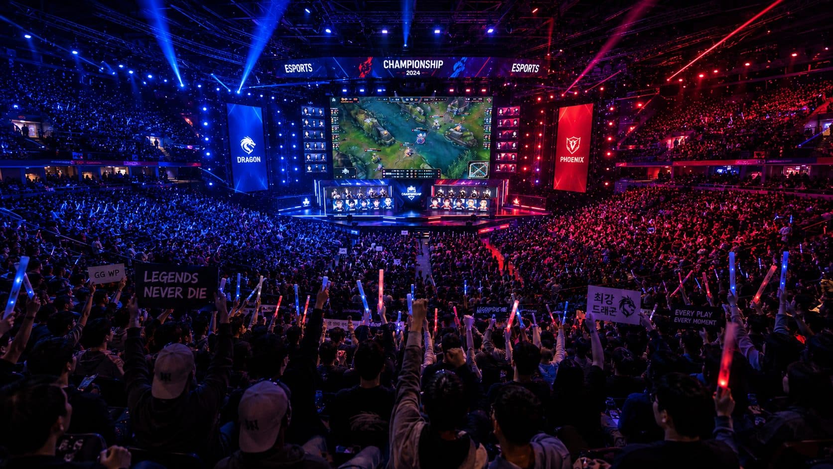 A packed Esports championship arena — main stage ahead, fans with light sticks filling the bowl