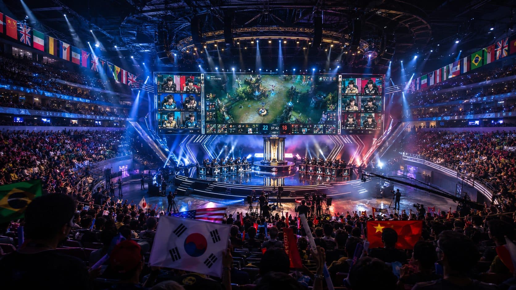 A sold-out international Esports arena, flags of many nations above the main stage